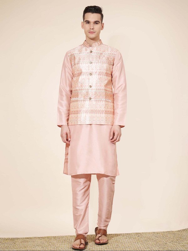 Light Pink Pure Silk Readymade Kurta Pajama With Jacket